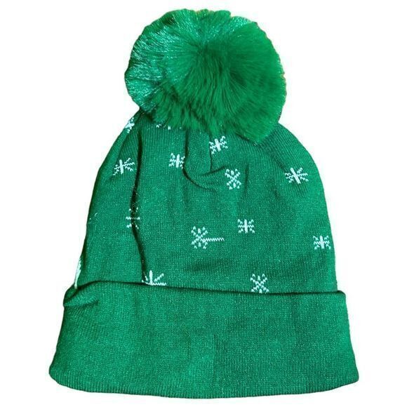 NWT Christmas Snowman Snowflake Pom Pom Beanie Green - Picture 2 of 2